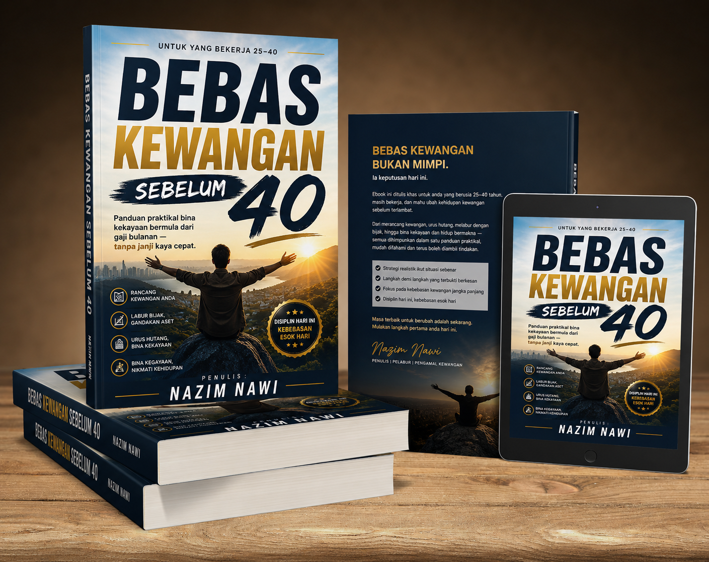 Mockup ebook Bebas Kewangan Sebelum 40 oleh Nazim Nawi — buku fizikal dan tablet